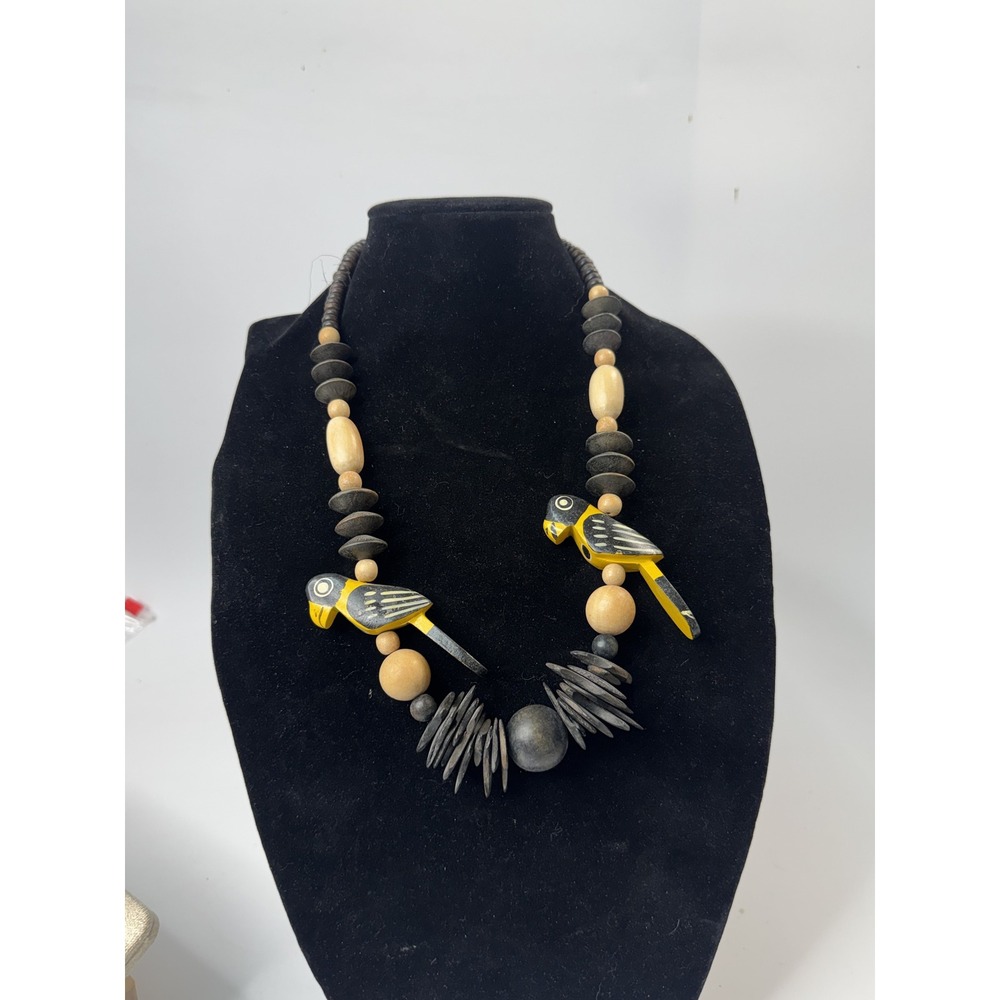 Vintage Hand Painted Wooden Parrot Bead Necklace Tropical Boho Yellow Black 27"